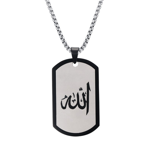 stainless steel silver and black dog tag allah chain